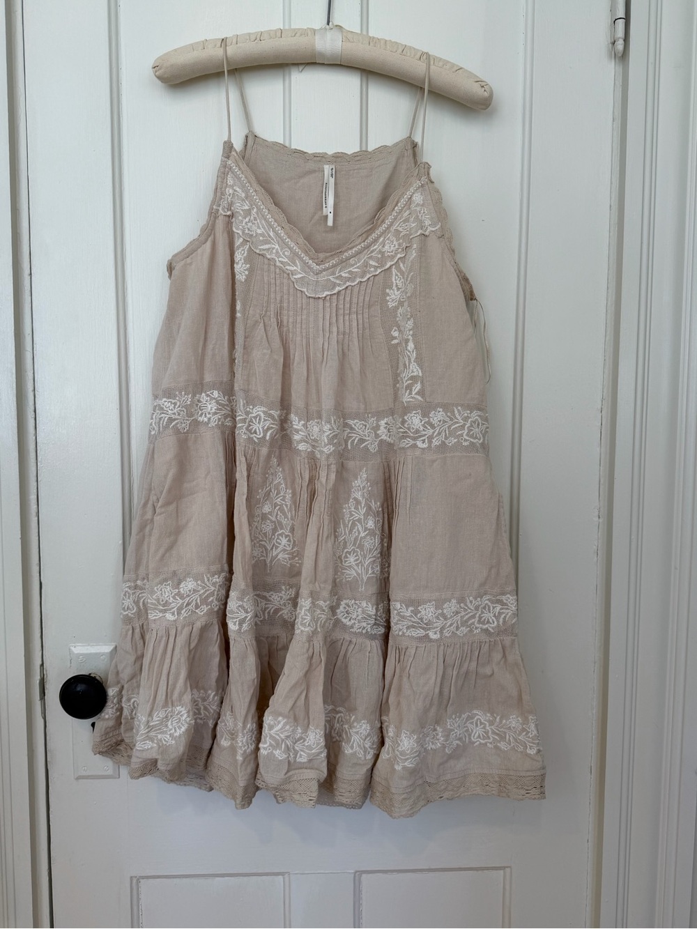 Anthropologie Beige & White Embroidered Spaghetti Strap Sundress - Picture 2 of 7